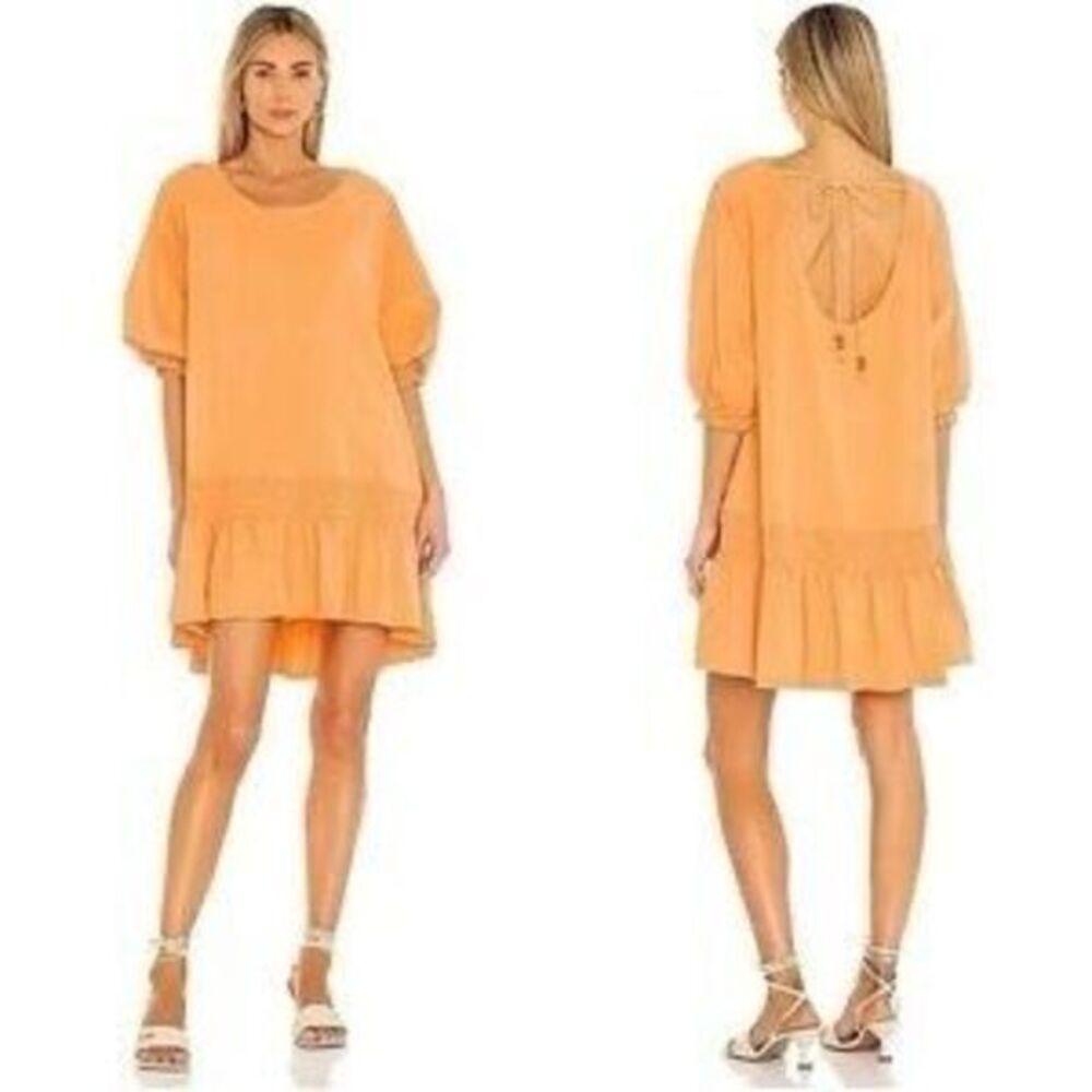 Oli & Hali Mini Dress Tunic Medium Orange Oversized Open Back Smocked Boho Tan